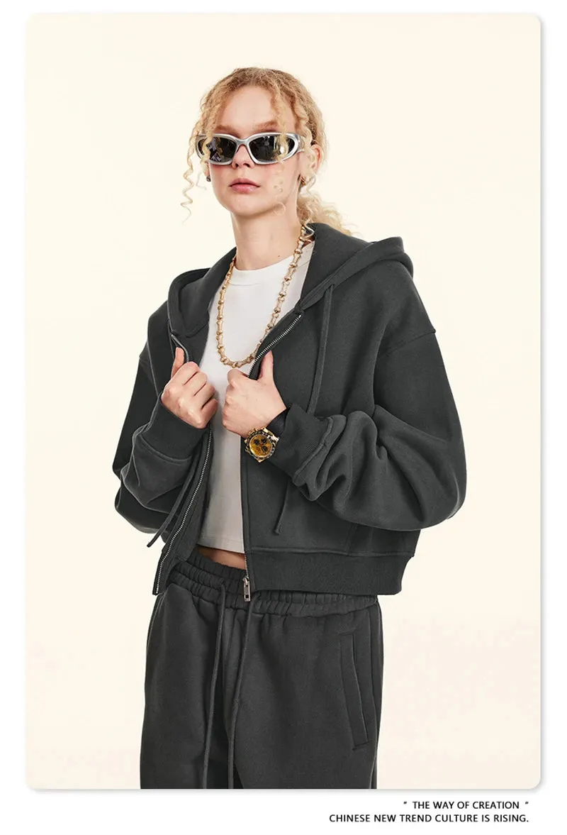 Obsidian Phoenix Luxury Women's 345gsm Fleece Zipper Crop Hoodie - Warm Solid Short Hooded Zip-Up Coat