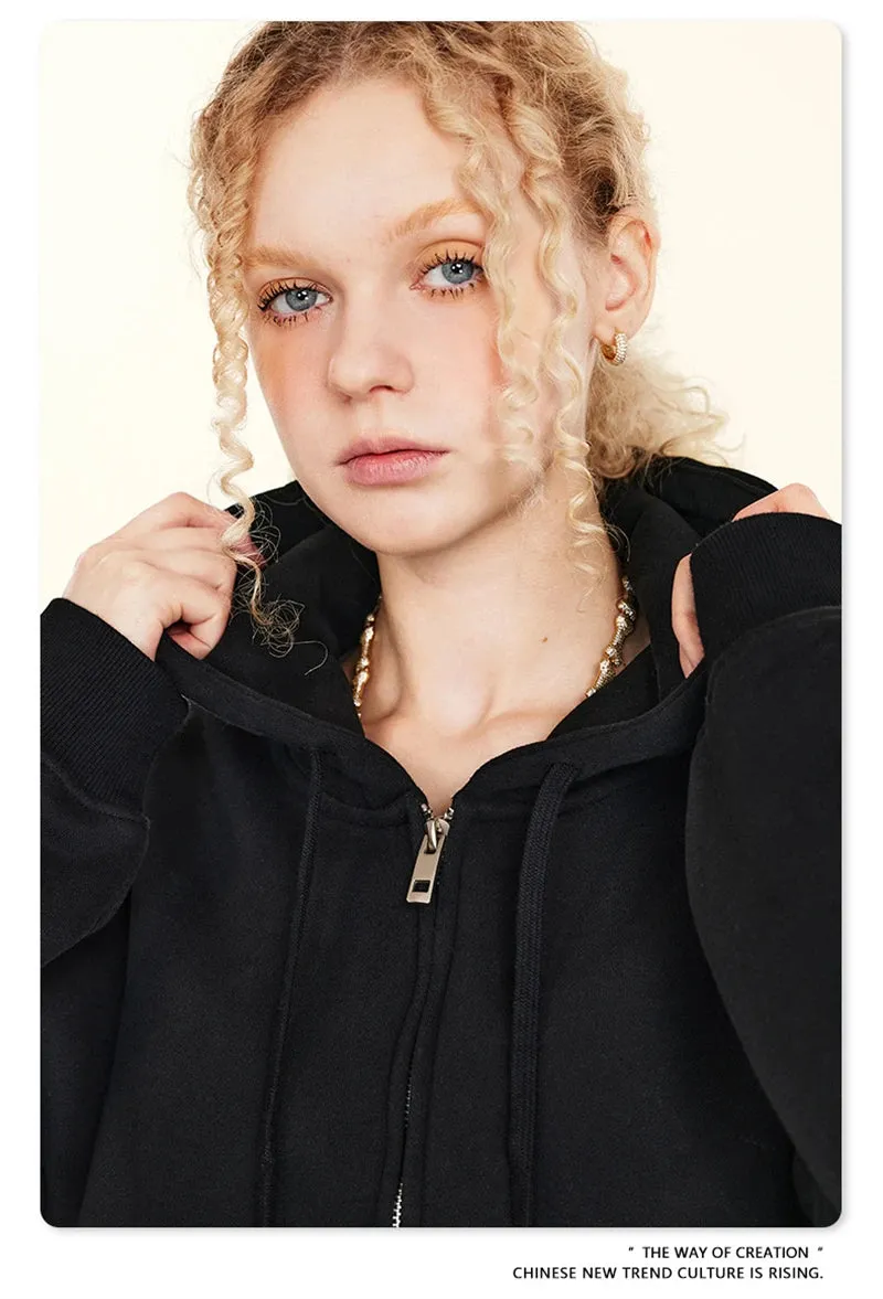 Obsidian Phoenix Luxury Women's 345gsm Fleece Zipper Crop Hoodie - Warm Solid Short Hooded Zip-Up Coat