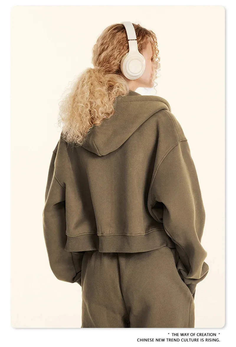 Obsidian Phoenix Luxury Women's 345gsm Fleece Zipper Crop Hoodie - Warm Solid Short Hooded Zip-Up Coat