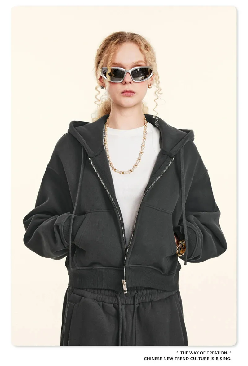 Obsidian Phoenix Luxury Women's 345gsm Fleece Zipper Crop Hoodie - Warm Solid Short Hooded Zip-Up Coat