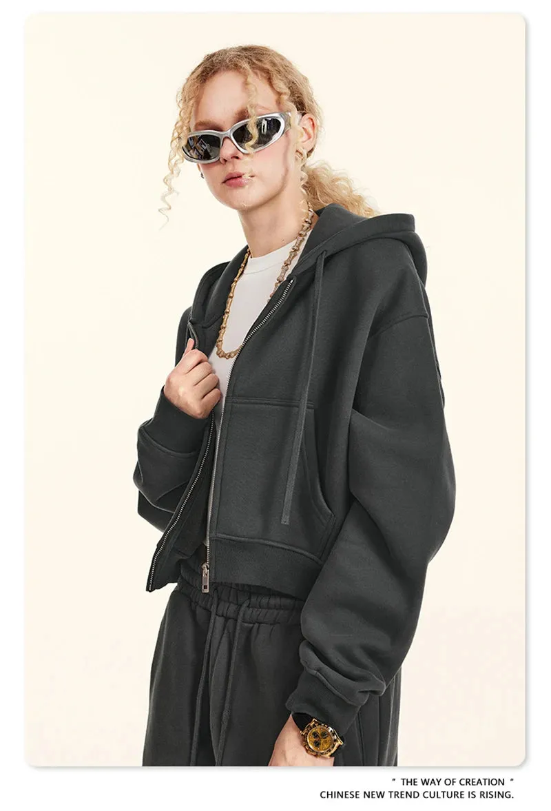 Obsidian Phoenix Luxury Women's 345gsm Fleece Zipper Crop Hoodie - Warm Solid Short Hooded Zip-Up Coat