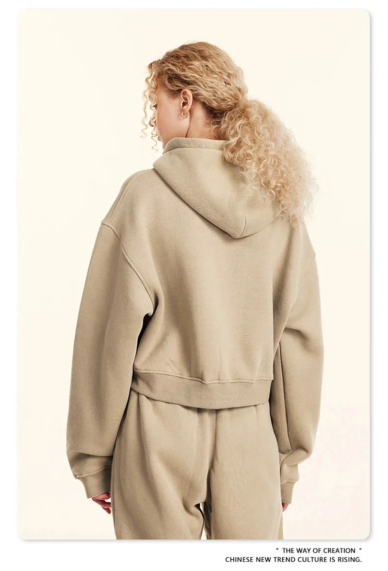 Obsidian Phoenix Luxury Women's 345gsm Fleece Zipper Crop Hoodie - Warm Solid Short Hooded Zip-Up Coat