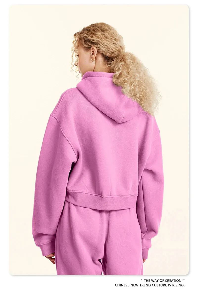 Obsidian Phoenix Luxury Women's 345gsm Fleece Zipper Crop Hoodie - Warm Solid Short Hooded Zip-Up Coat