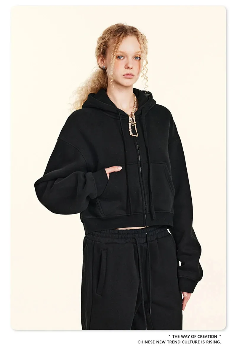 Obsidian Phoenix Luxury Women's 345gsm Fleece Zipper Crop Hoodie - Warm Solid Short Hooded Zip-Up Coat