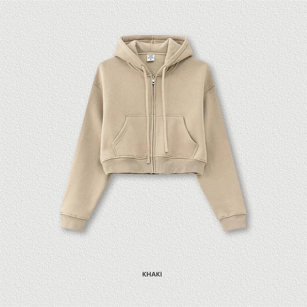 Obsidian Phoenix Luxury Women's 345gsm Fleece Zipper Crop Hoodie - Warm Solid Short Hooded Zip-Up Coat