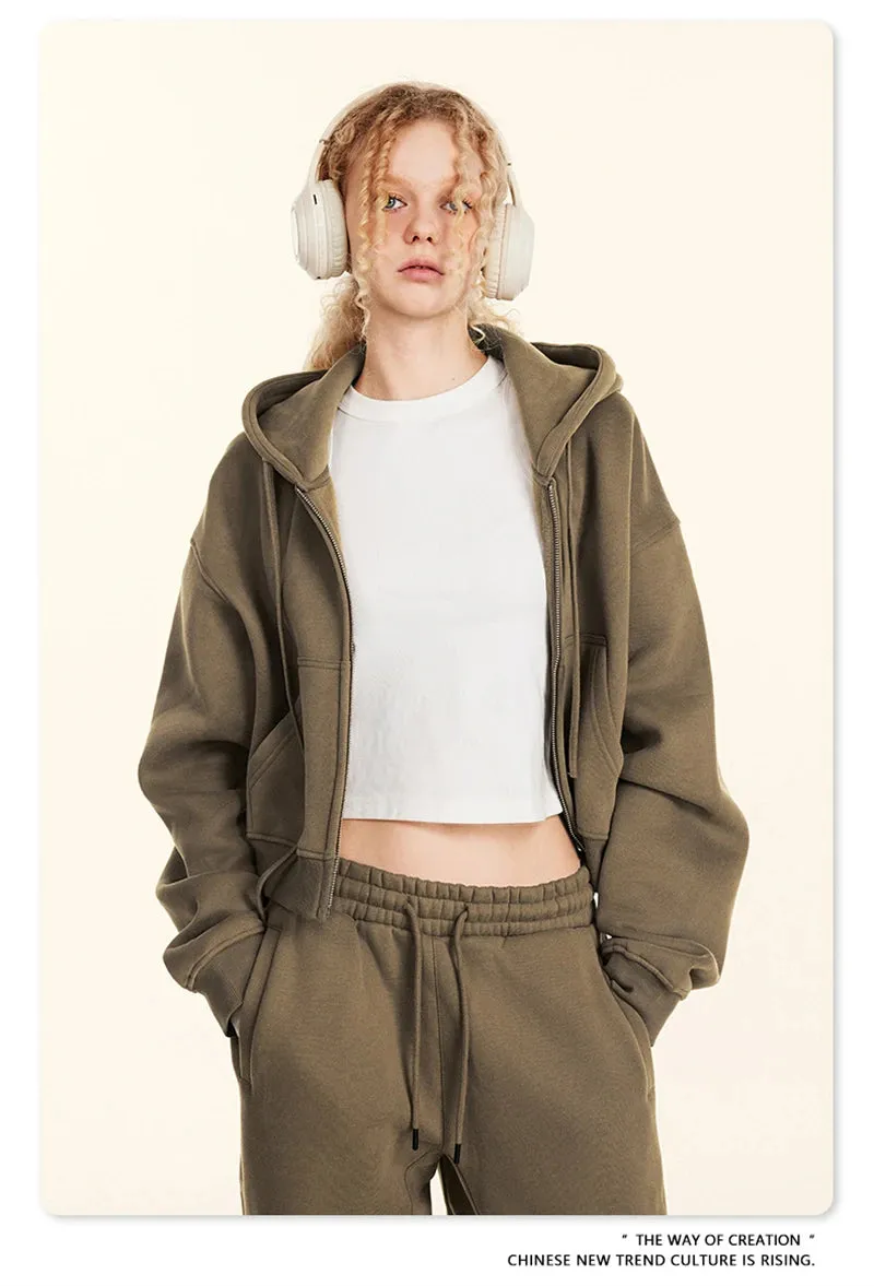 Obsidian Phoenix Luxury Women's 345gsm Fleece Zipper Crop Hoodie - Warm Solid Short Hooded Zip-Up Coat