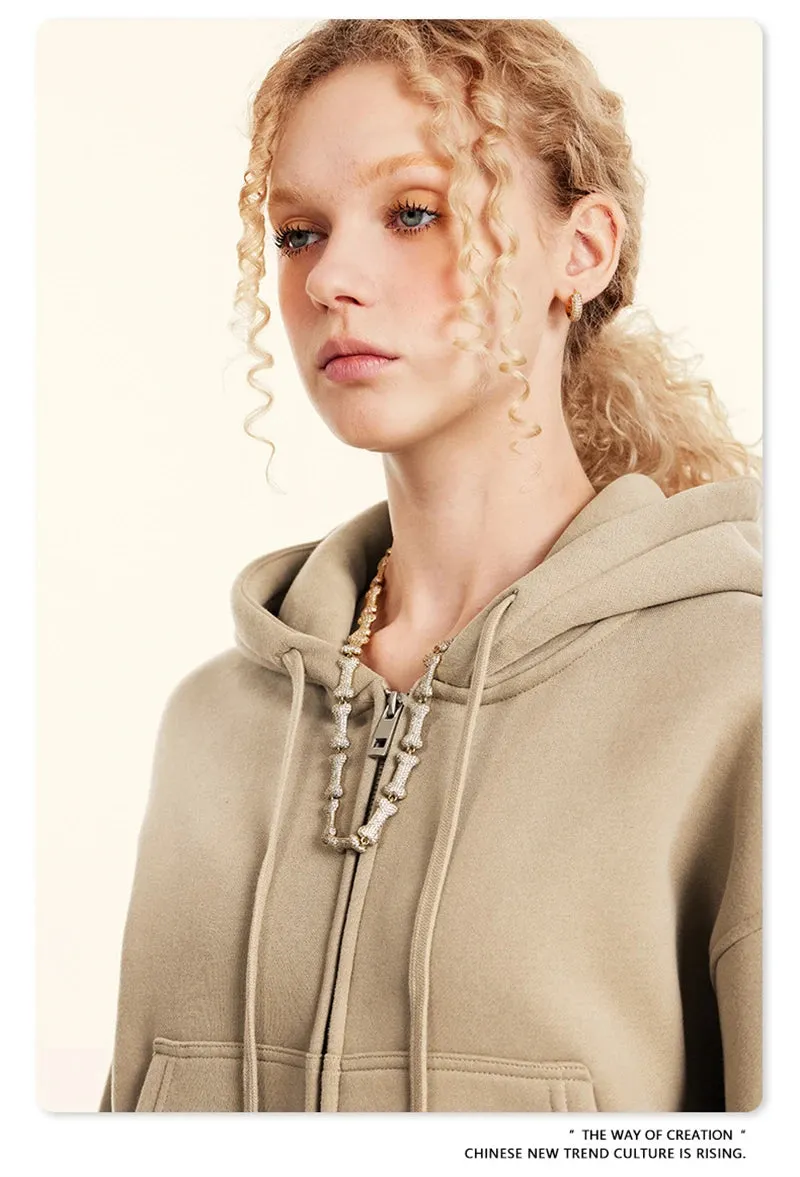 Obsidian Phoenix Luxury Women's 345gsm Fleece Zipper Crop Hoodie - Warm Solid Short Hooded Zip-Up Coat