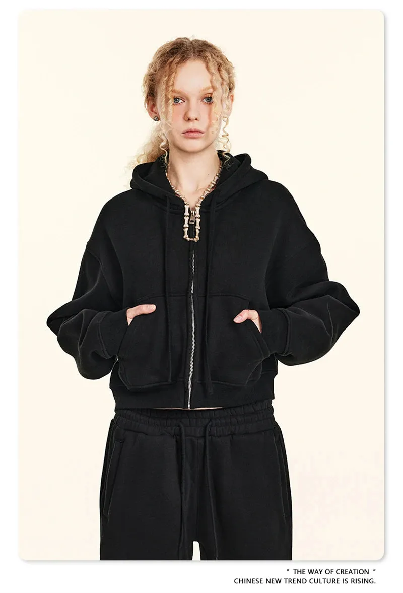 Obsidian Phoenix Luxury Women's 345gsm Fleece Zipper Crop Hoodie - Warm Solid Short Hooded Zip-Up Coat