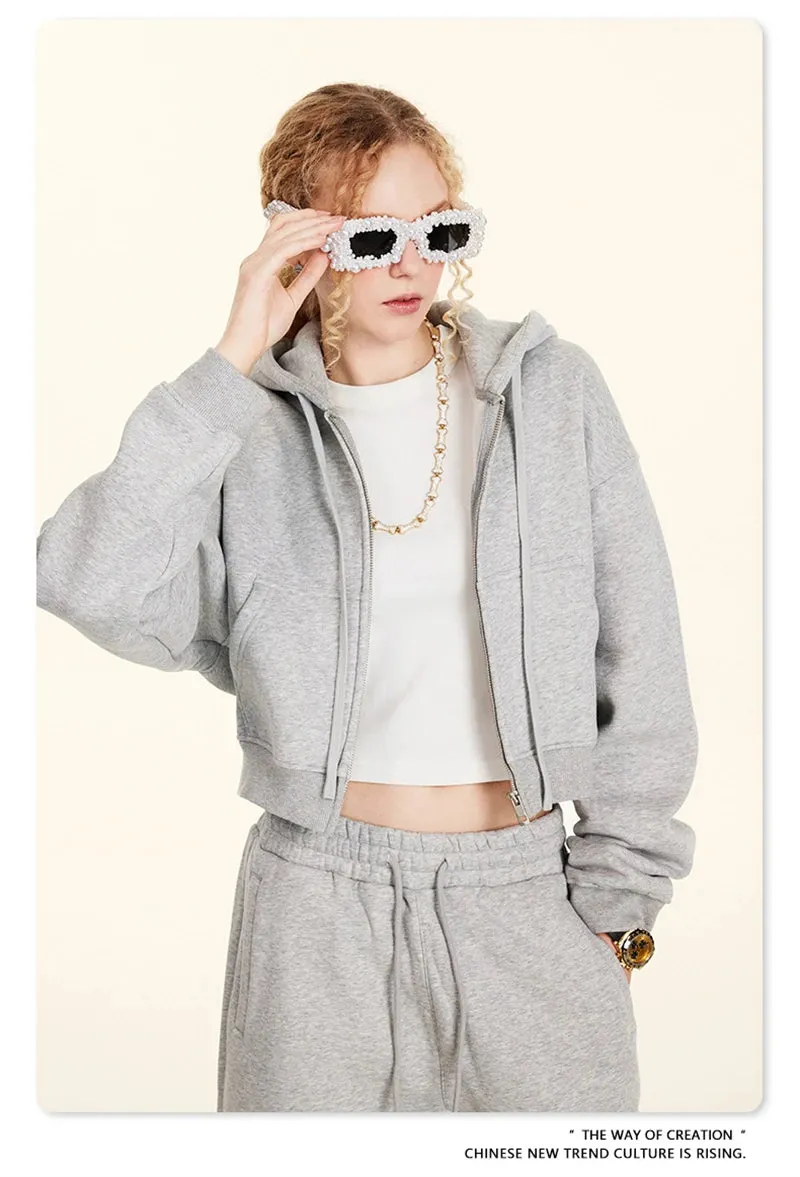 Obsidian Phoenix Luxury Women's 345gsm Fleece Zipper Crop Hoodie - Warm Solid Short Hooded Zip-Up Coat