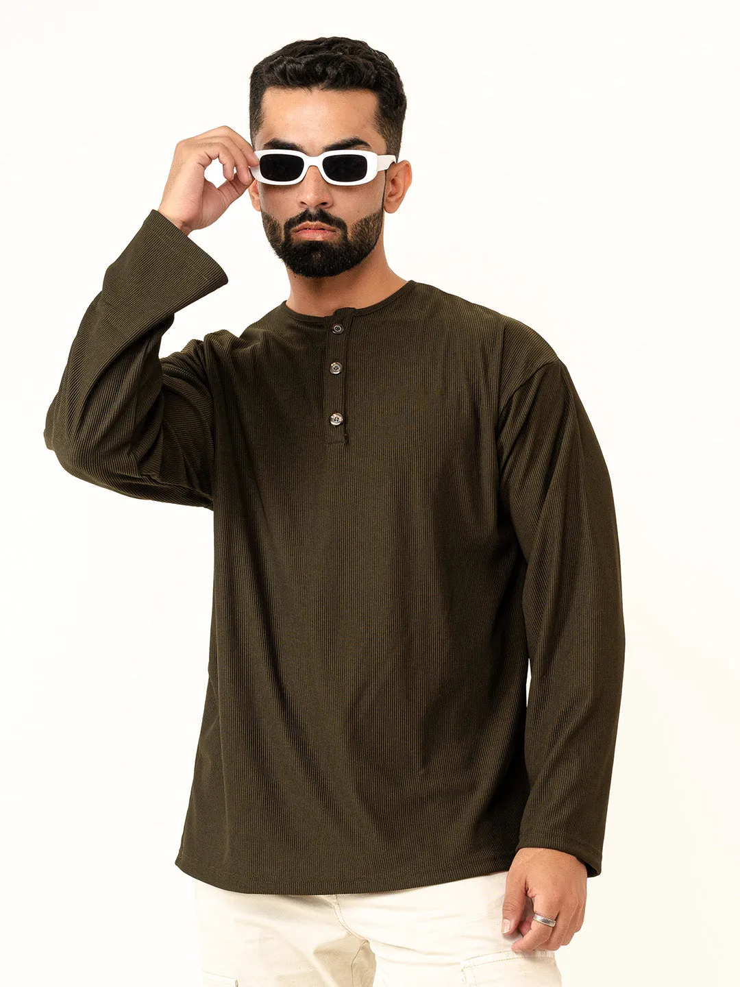 Olive Green Cord Henley T-Shirt