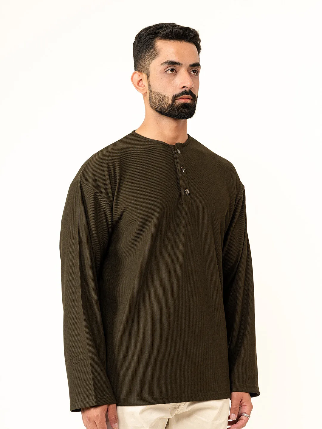Olive Green Cord Henley T-Shirt