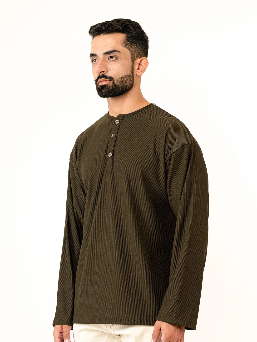 Olive Green Cord Henley T-Shirt