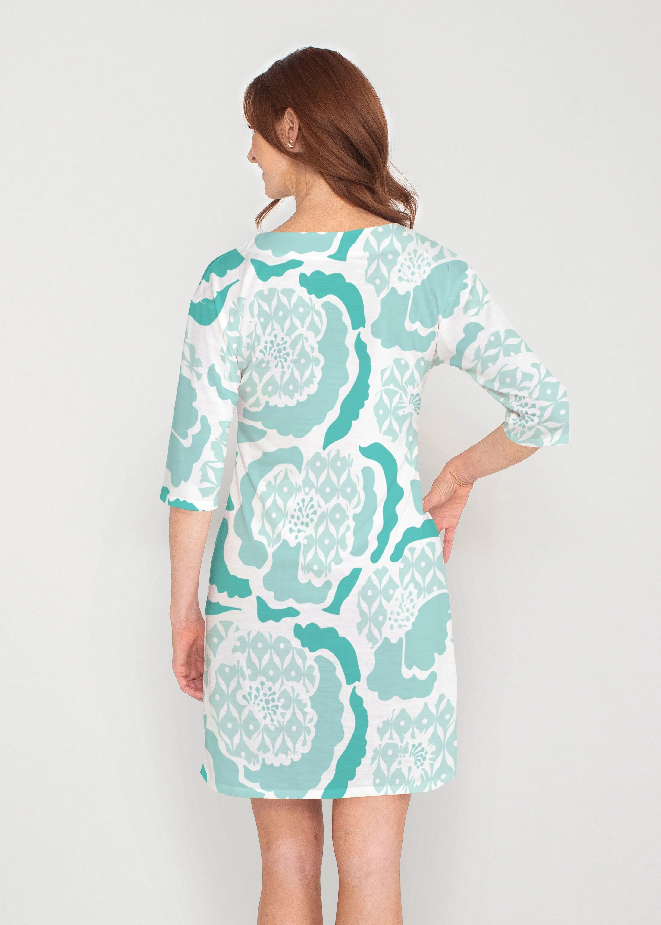 Peonies Aqua (8082) ~ Drop Shoulder 3/4 Sleeve V-Neck Dress