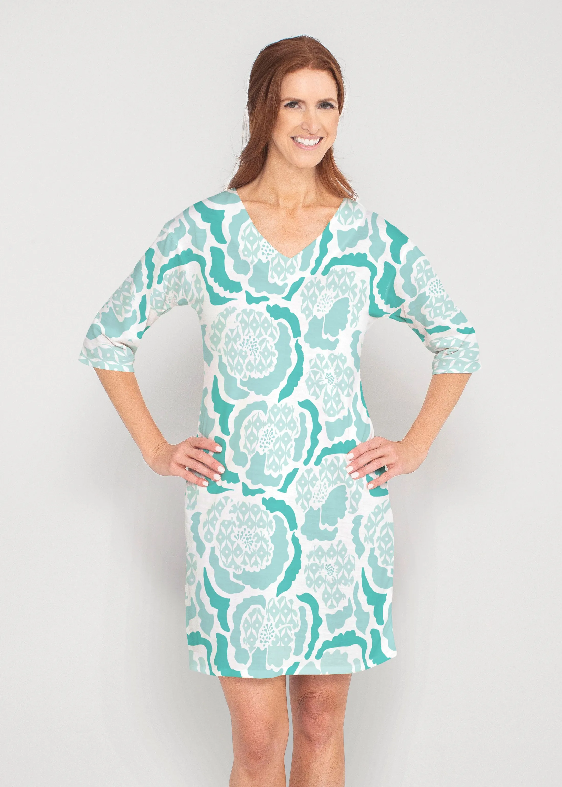 Peonies Aqua (8082) ~ Drop Shoulder 3/4 Sleeve V-Neck Dress