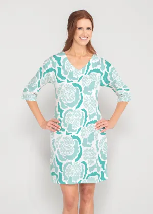 Peonies Aqua (8082) ~ Drop Shoulder 3/4 Sleeve V-Neck Dress
