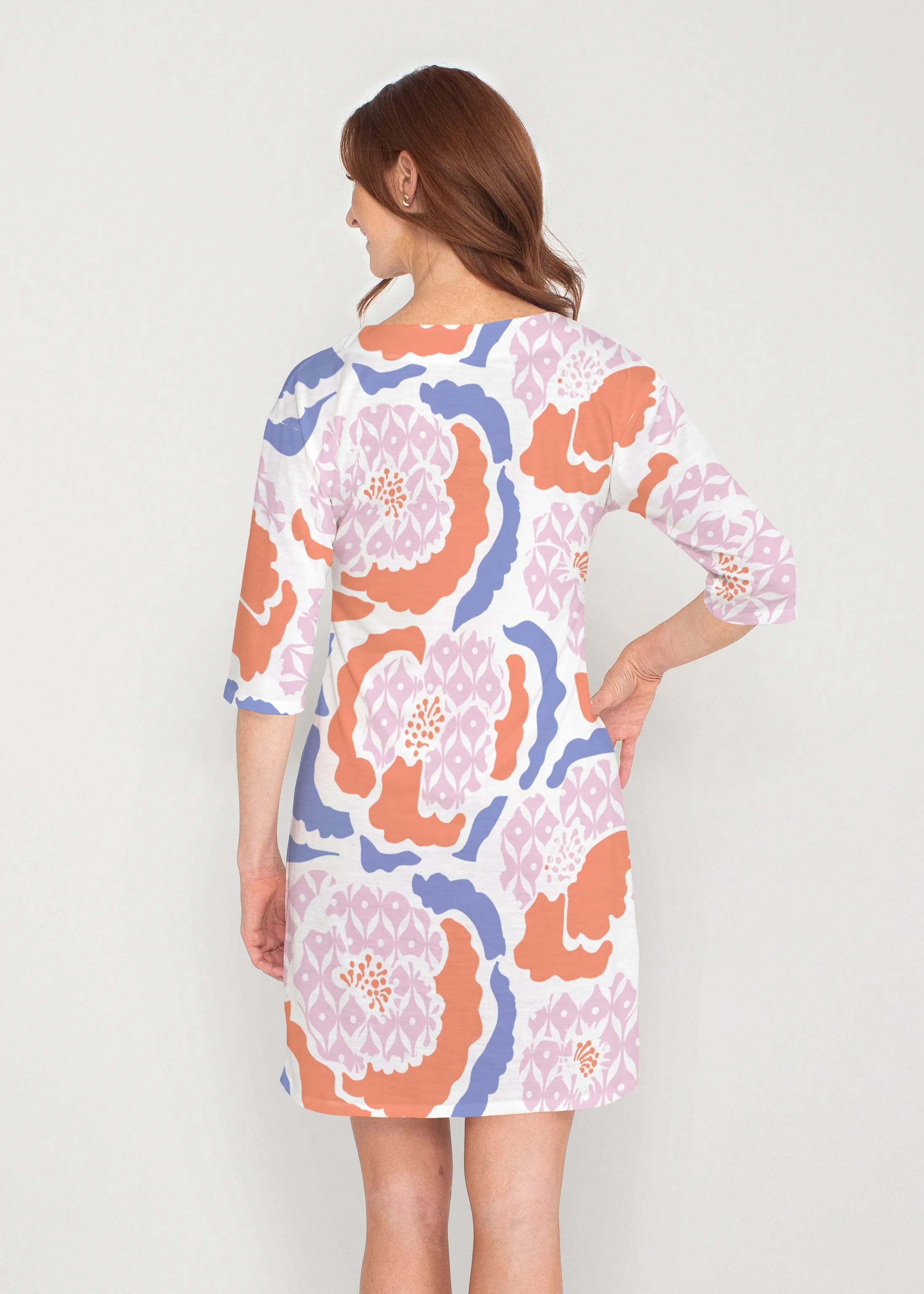 Peonies Pink (8074) ~ Drop Shoulder 3/4 Sleeve V-Neck Dress