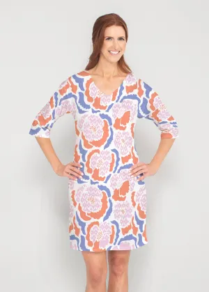 Peonies Pink (8074) ~ Drop Shoulder 3/4 Sleeve V-Neck Dress