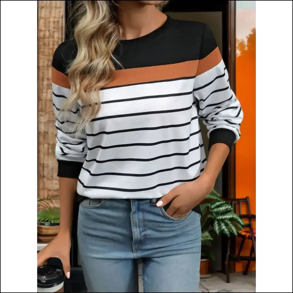 Perfee Striped Round Neck Long Sleeve Sweatshirt
