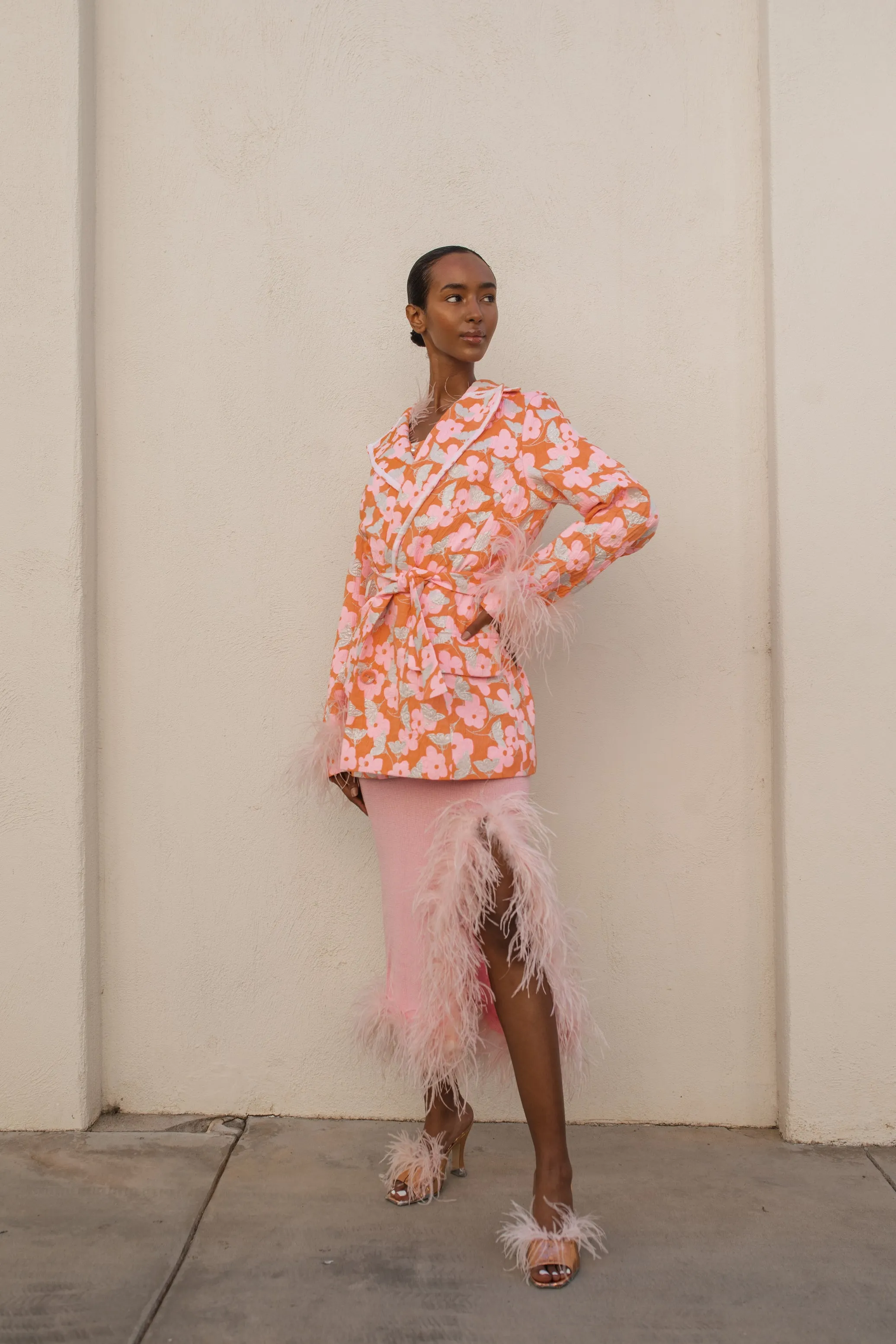 Pink Jacqueline Jacket  №21 With Detachable  Feather Cuffs