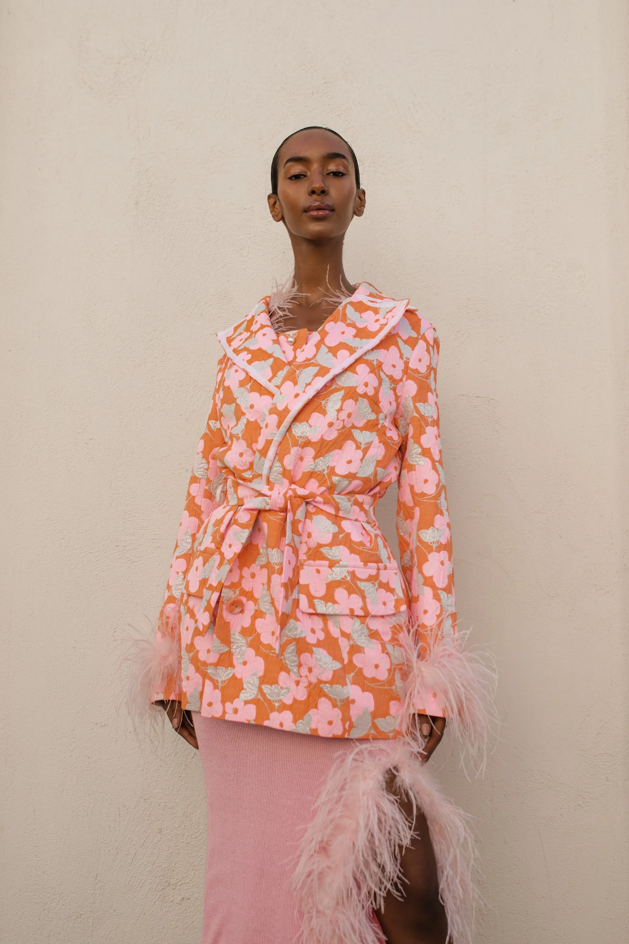 Pink Jacqueline Jacket  №21 With Detachable  Feather Cuffs