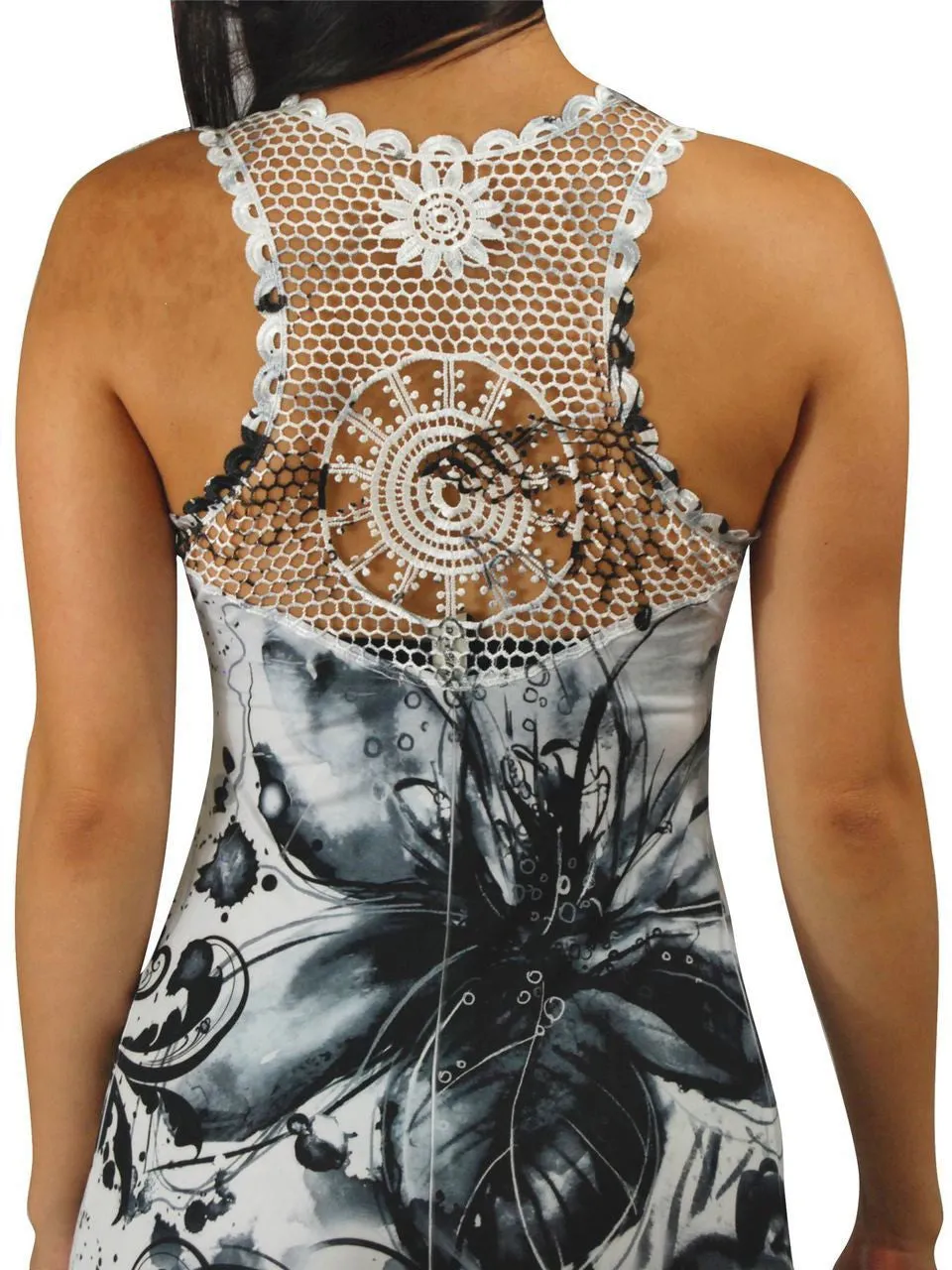 Premium Sleeveless Sublimation Maxi Dress White Black Floral Blossoms