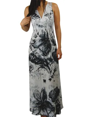 Premium Sleeveless Sublimation Maxi Dress White Black Floral Blossoms