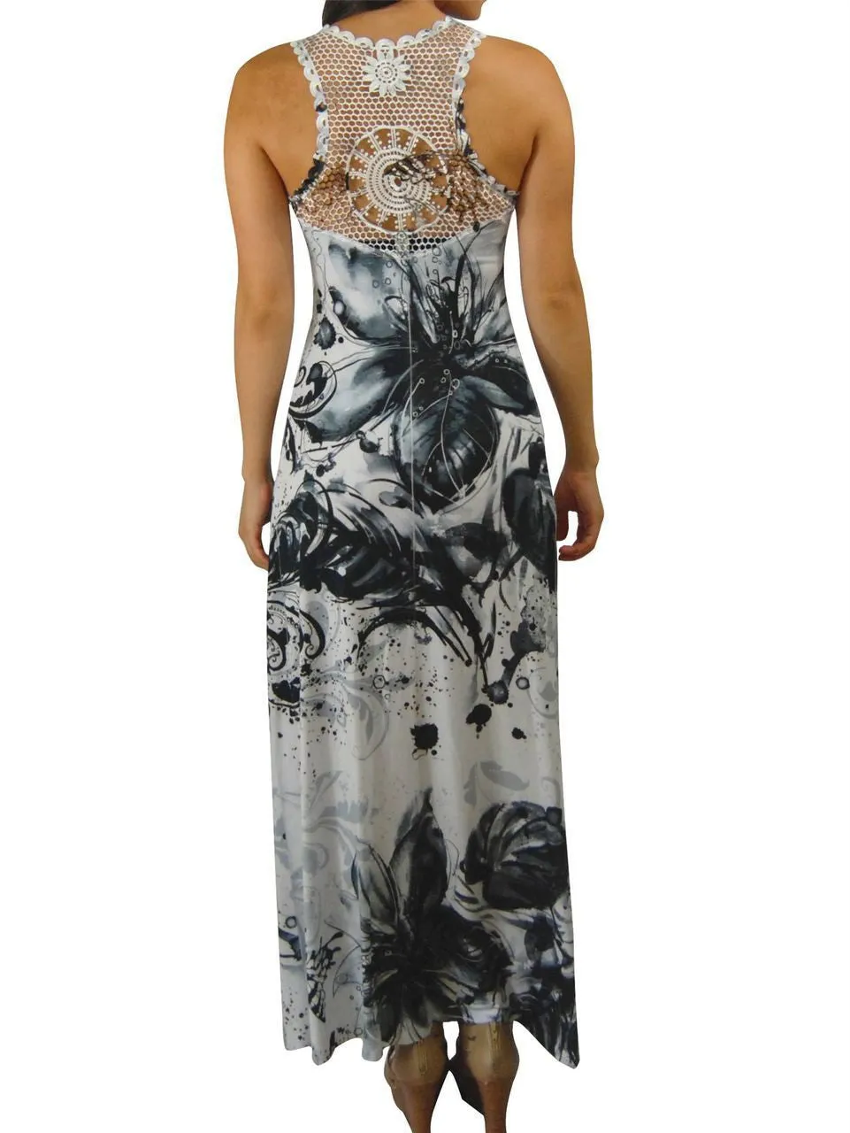 Premium Sleeveless Sublimation Maxi Dress White Black Floral Blossoms