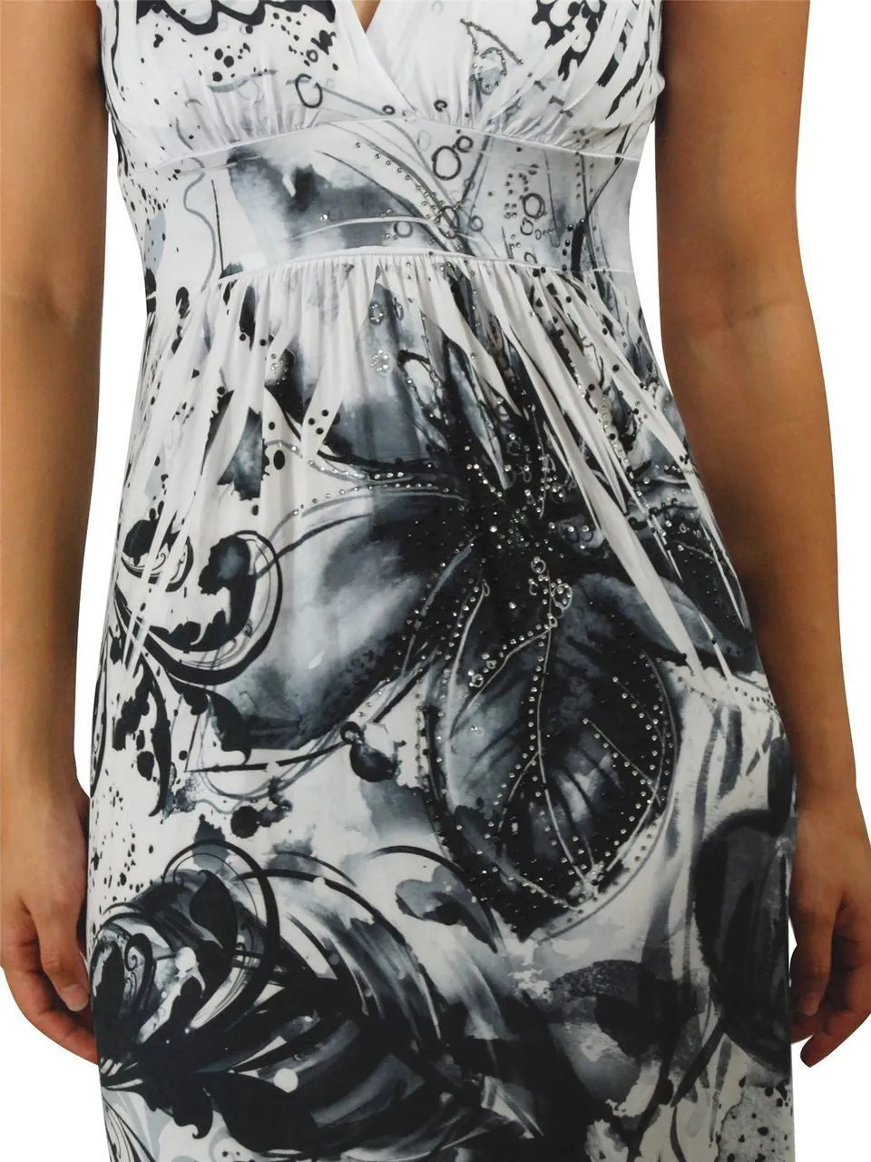 Premium Sleeveless Sublimation Maxi Dress White Black Floral Blossoms