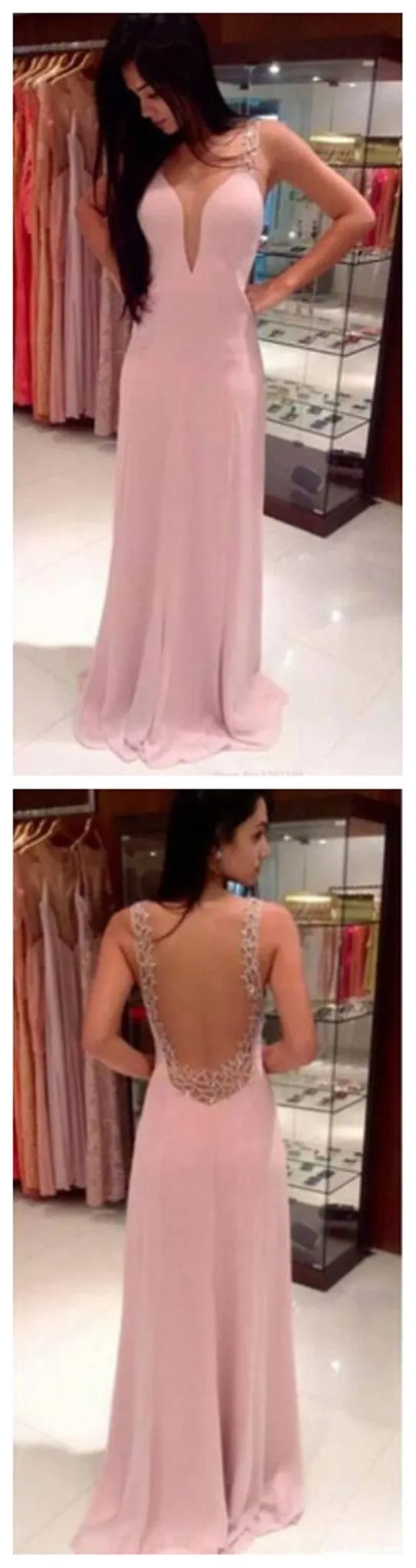 Pretty Pink V-Neck Backless Long Prom Dresses,Party Prom Dresses,Graduation Dress, TYP0028