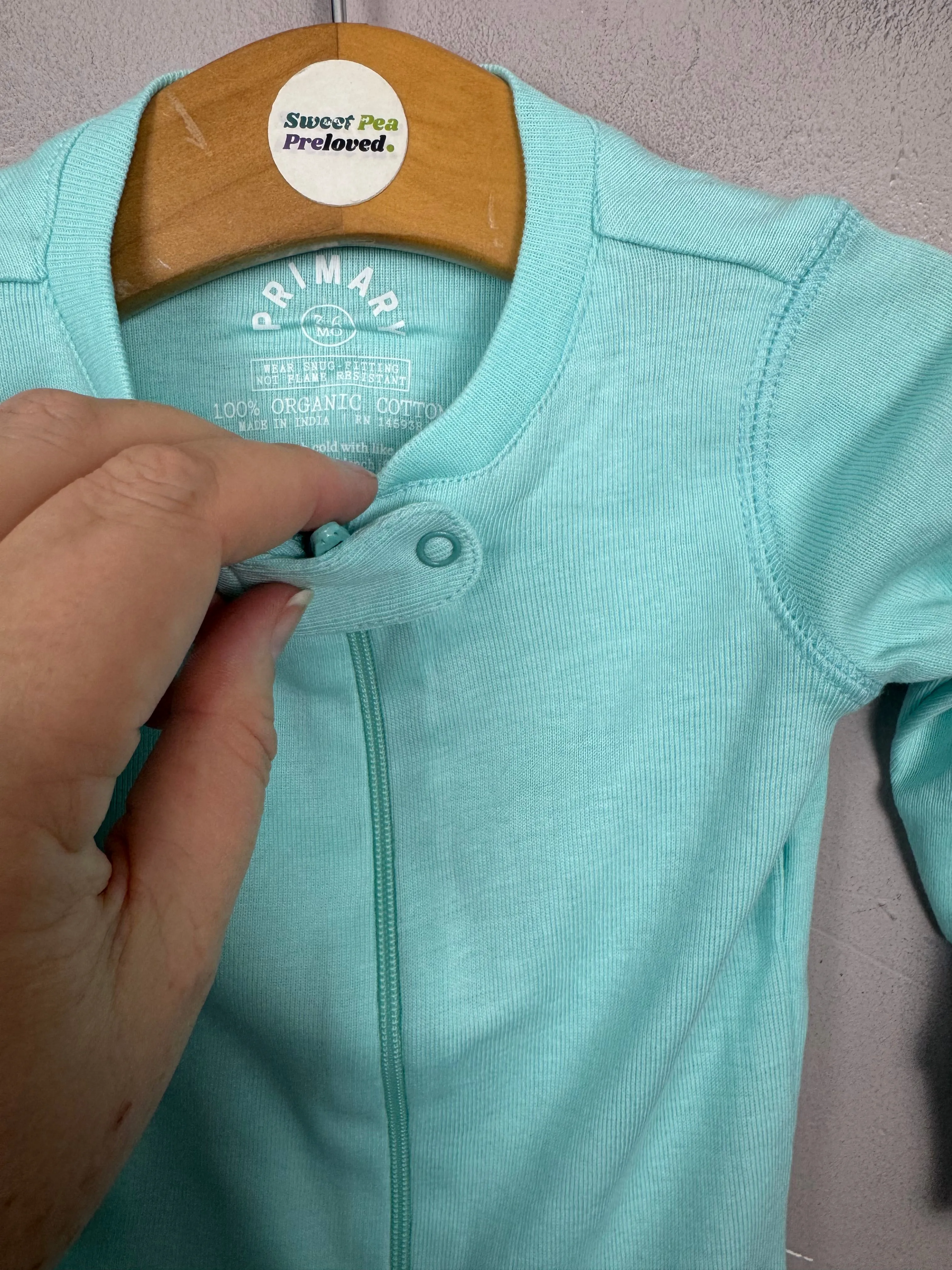 Primary Organic Sleepsuit - Plain dye Aqua (New) ages newborn to 18-24m