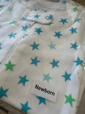 Primary Organic Sleepsuit - Small Aqua Stars (New) NB to 18-24m