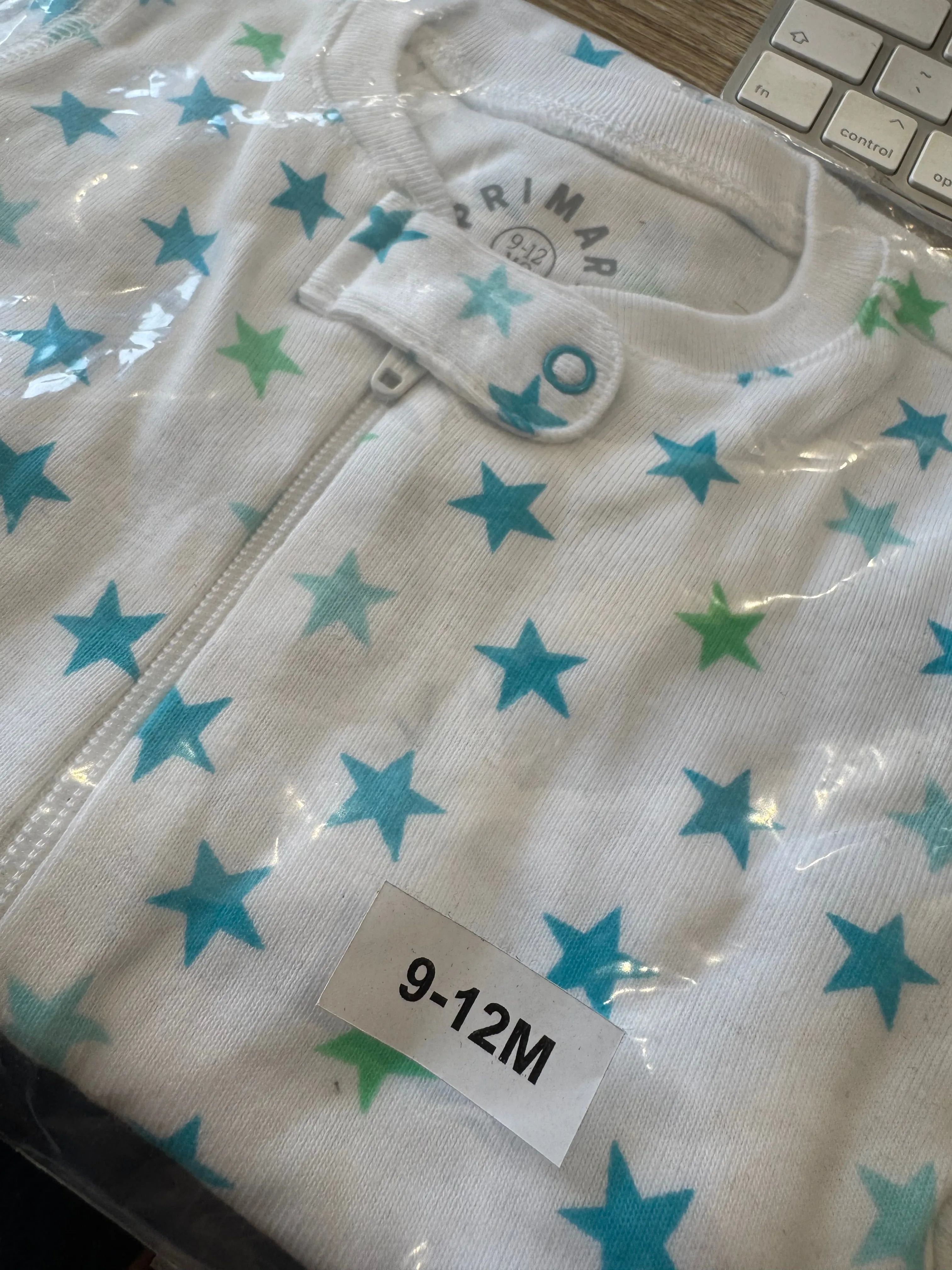 Primary Organic Sleepsuit - Small Aqua Stars (New) NB to 18-24m