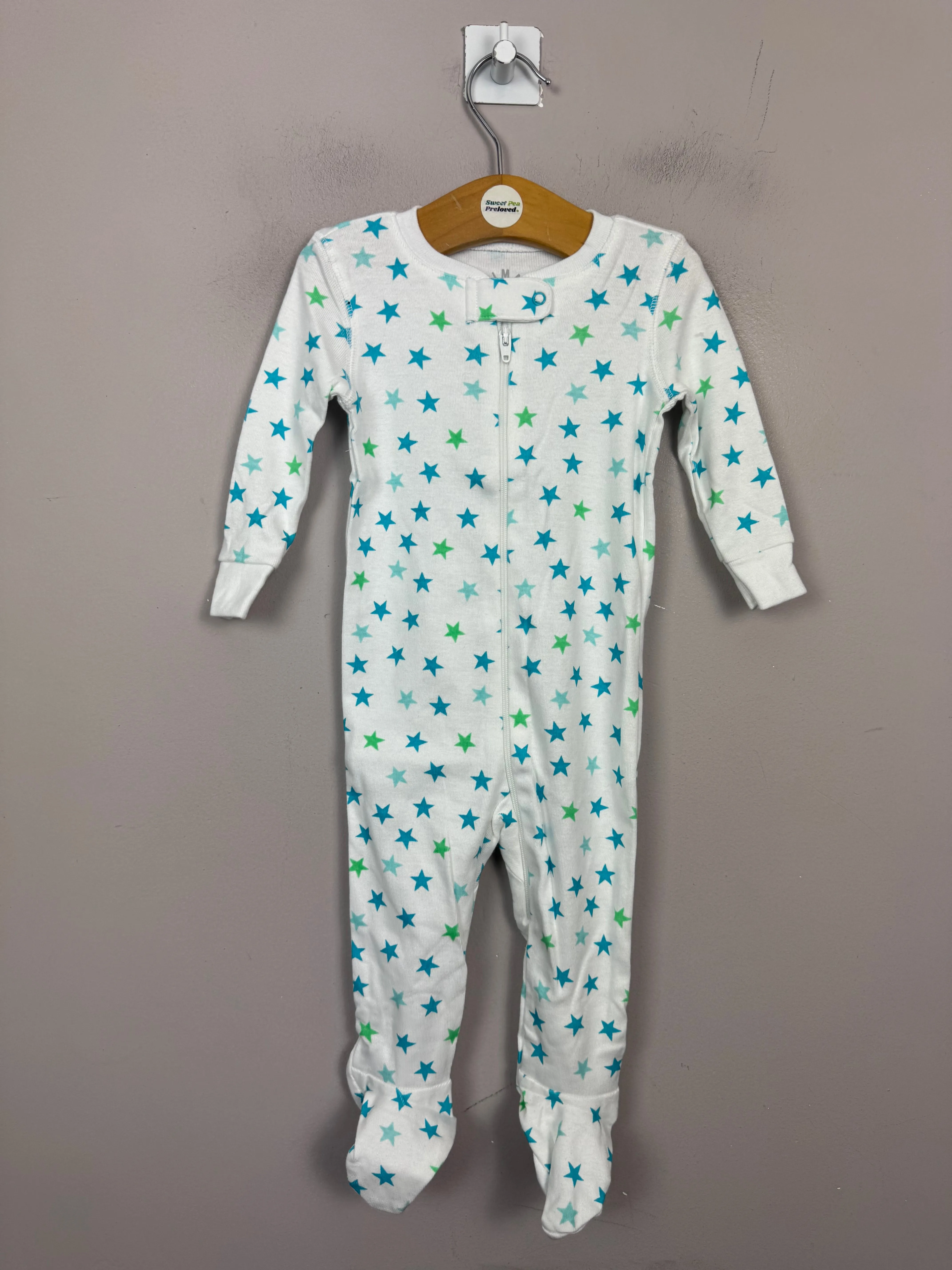 Primary Organic Sleepsuit - Small Aqua Stars (New) NB to 18-24m