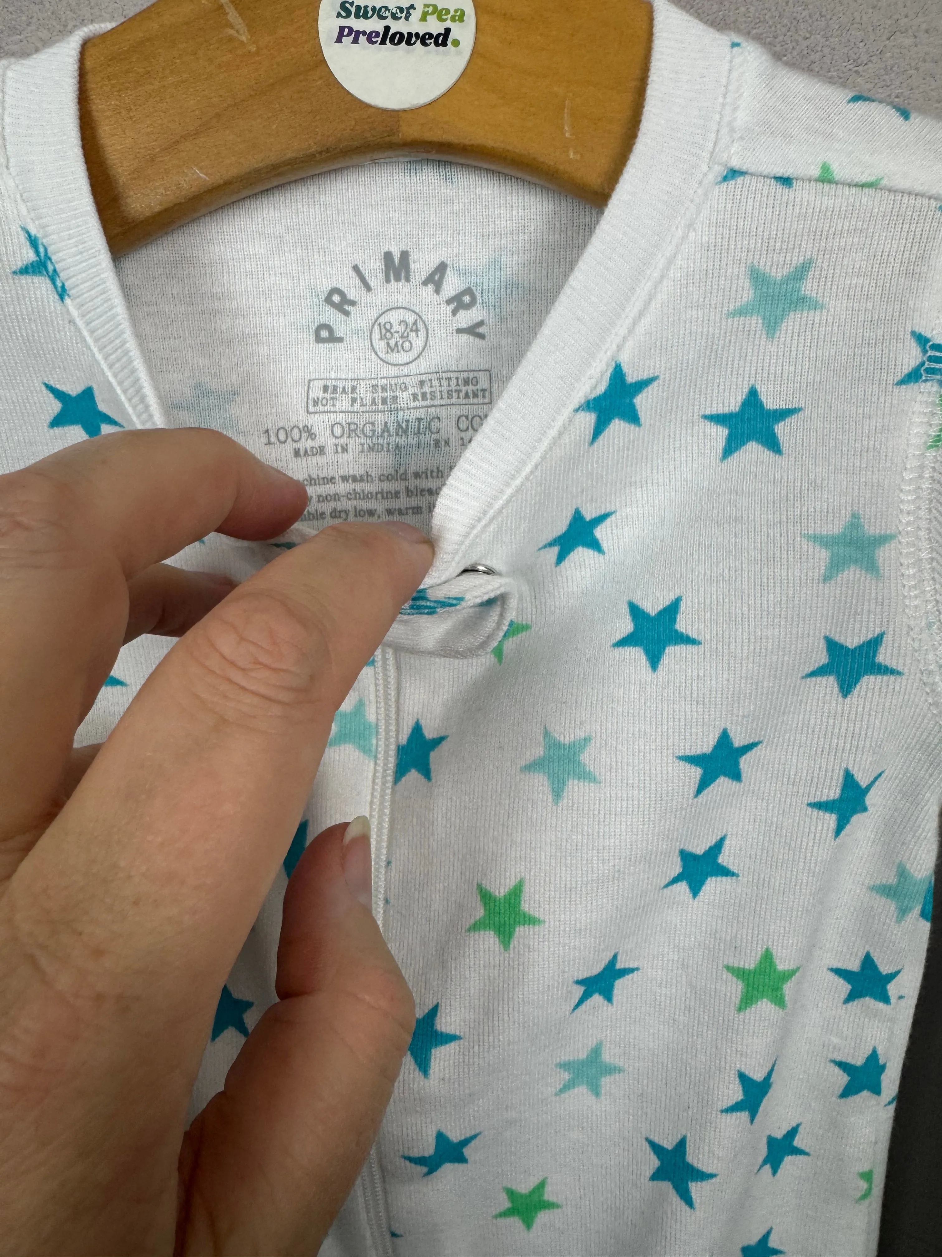 Primary Organic Sleepsuit - Small Aqua Stars (New) NB to 18-24m