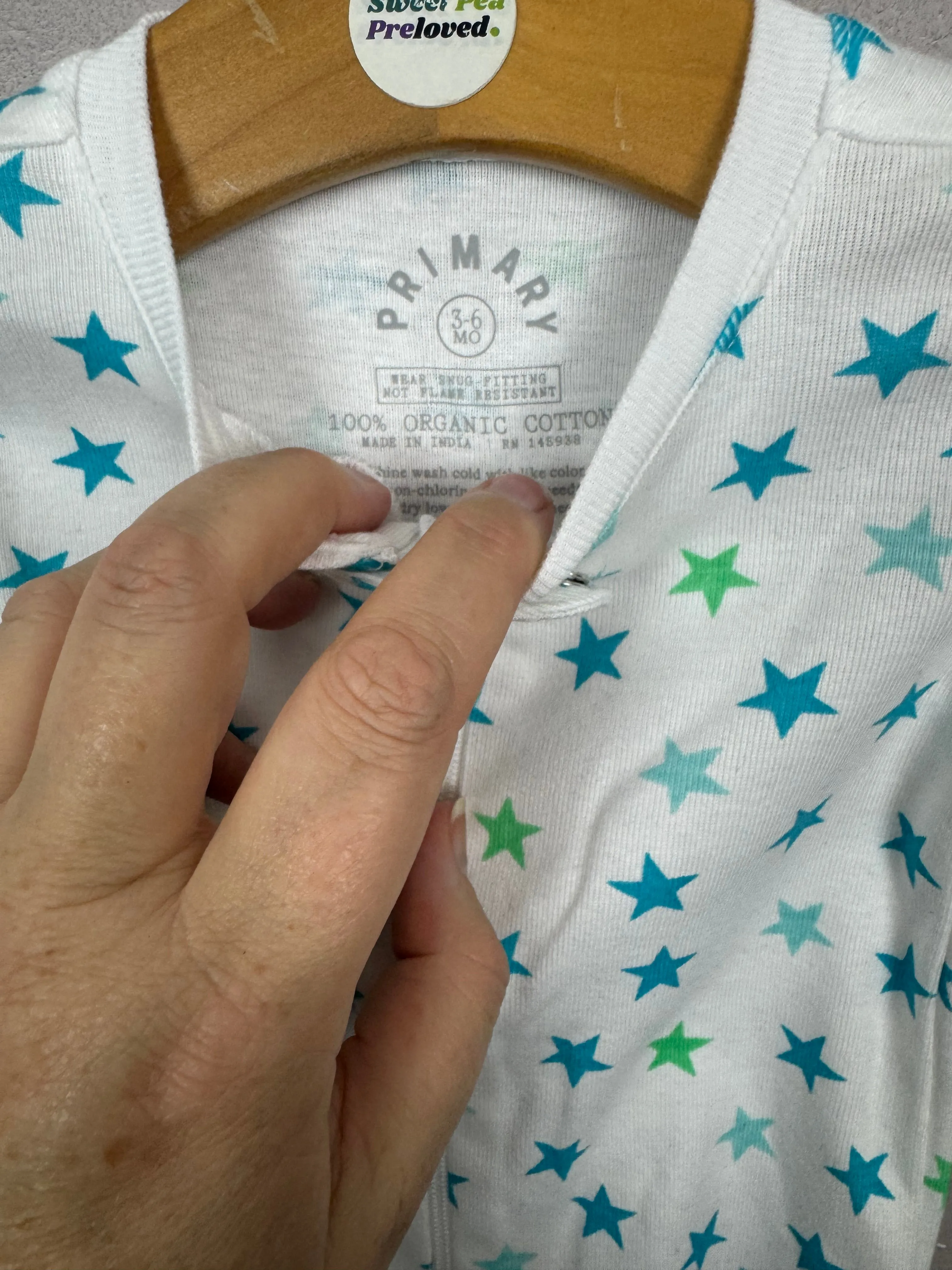 Primary Organic Sleepsuit - Small Aqua Stars (New) NB to 18-24m