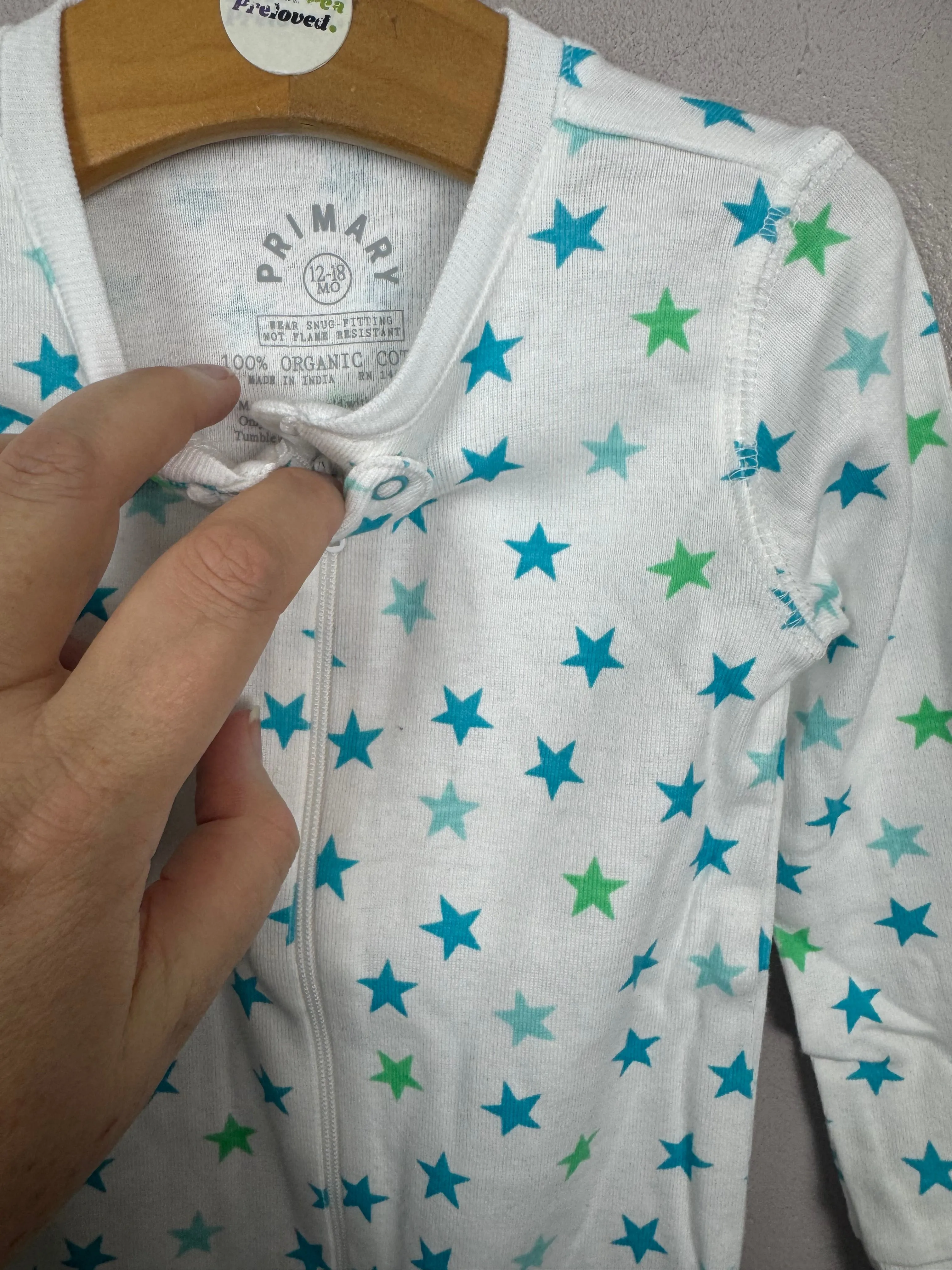 Primary Organic Sleepsuit - Small Aqua Stars (New) NB to 18-24m
