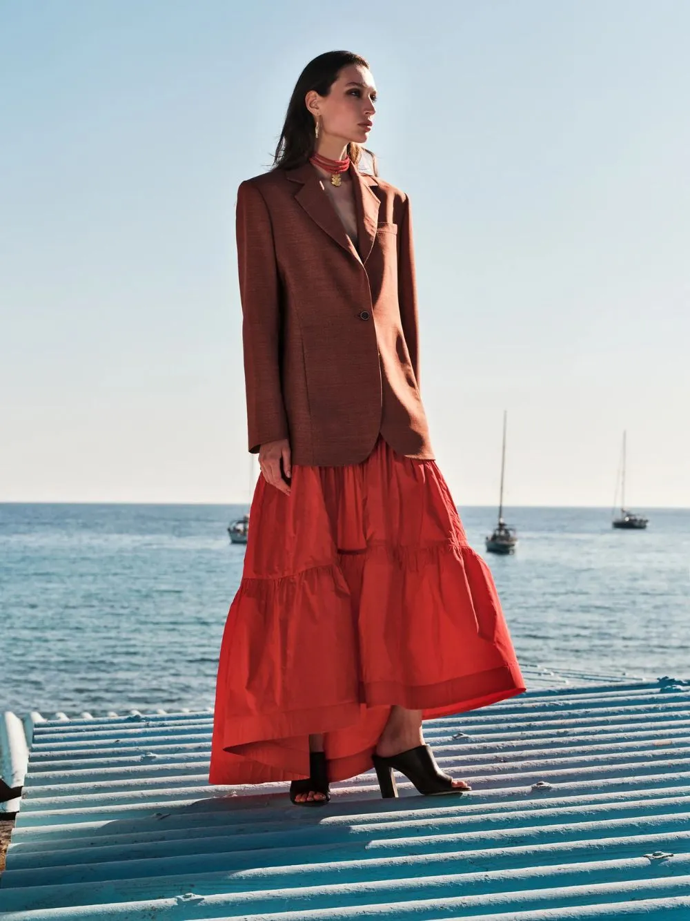 Red Daucus Tiered Flared Midi Skirt