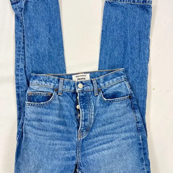 Reformation 25 Women's Cynthia High Rise Blue Distressed Button Fly Jeans