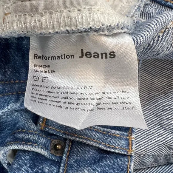 Reformation 25 Women's Cynthia High Rise Blue Distressed Button Fly Jeans