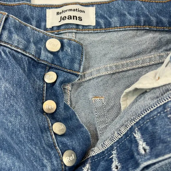Reformation 25 Women's Cynthia High Rise Blue Distressed Button Fly Jeans