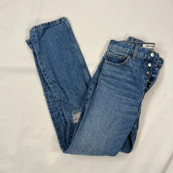 Reformation 25 Women's Cynthia High Rise Blue Distressed Button Fly Jeans