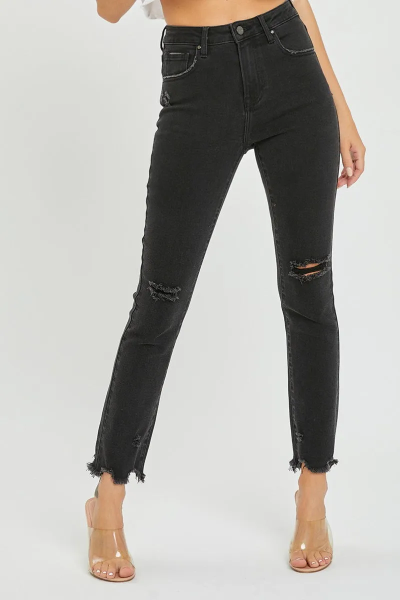 RISEN Destinee Black Distressed Crop Straight Jeans