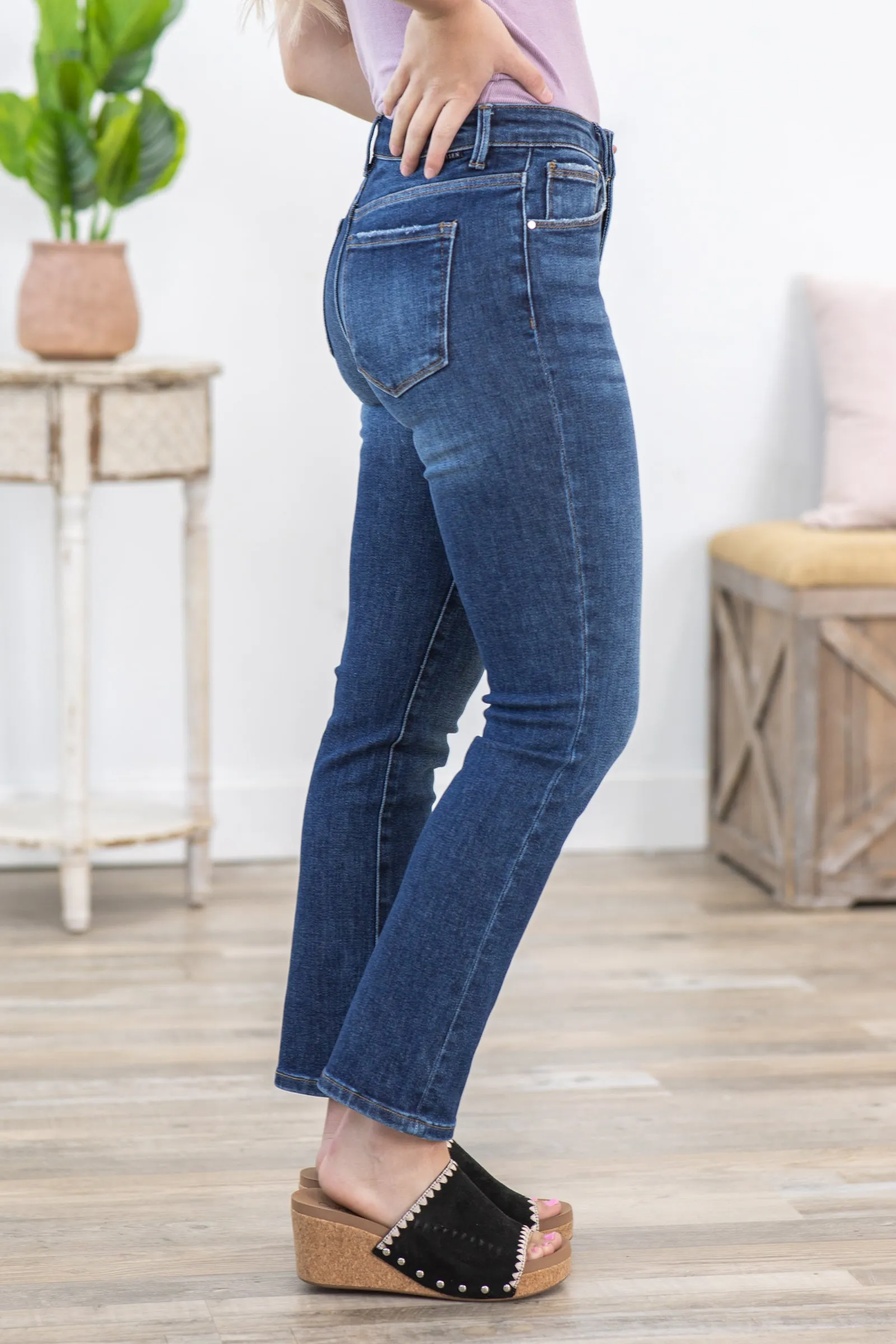 Risen Mid Rise Ankle Straight Slim Jeans