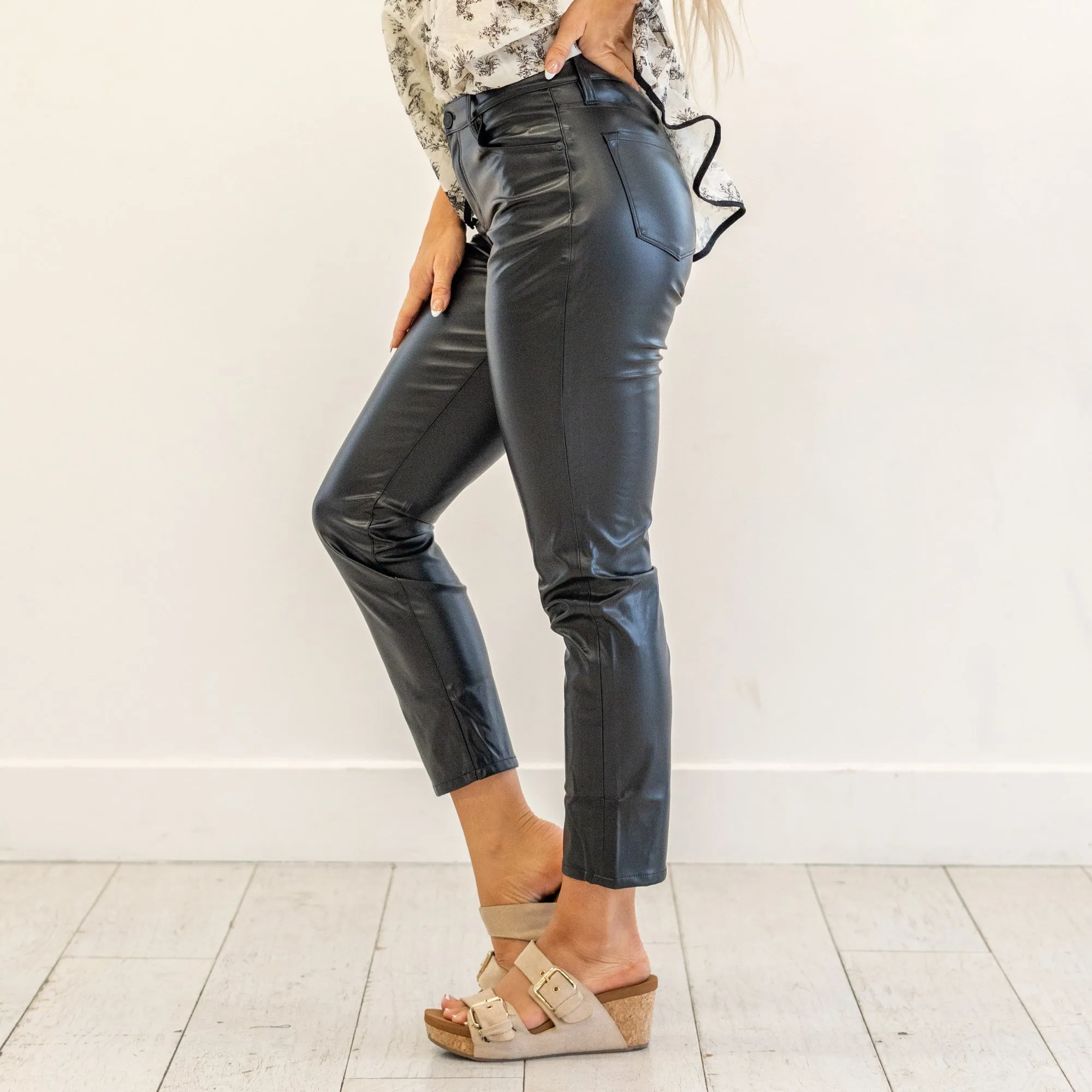 Rudi High Rise Faux Leather Slim Straight Leg