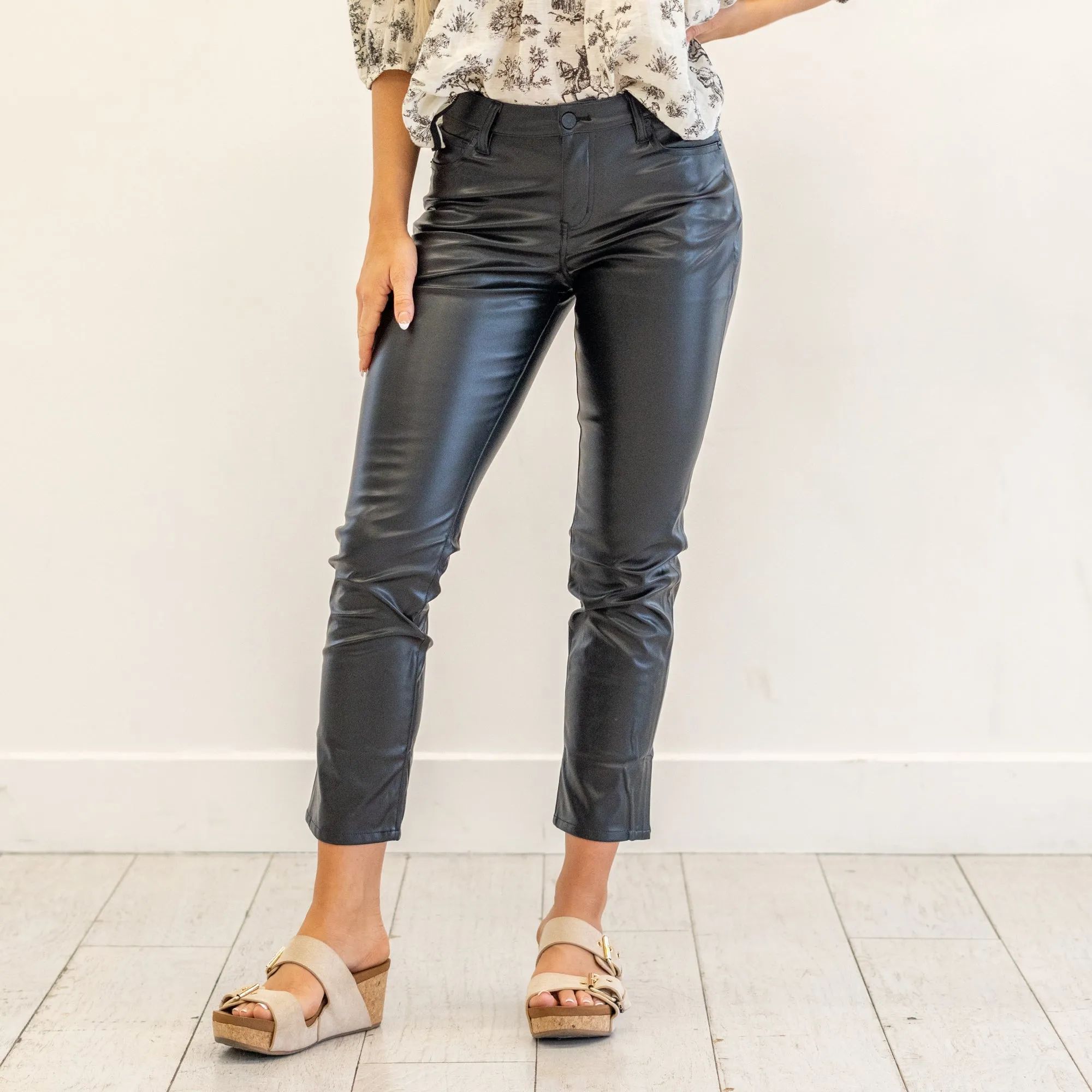 Rudi High Rise Faux Leather Slim Straight Leg
