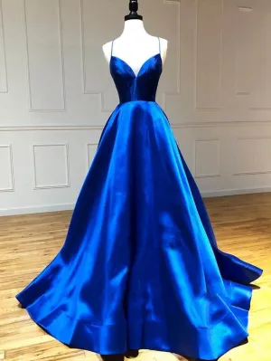 Satin A-line V Neck Long Prom Dresses