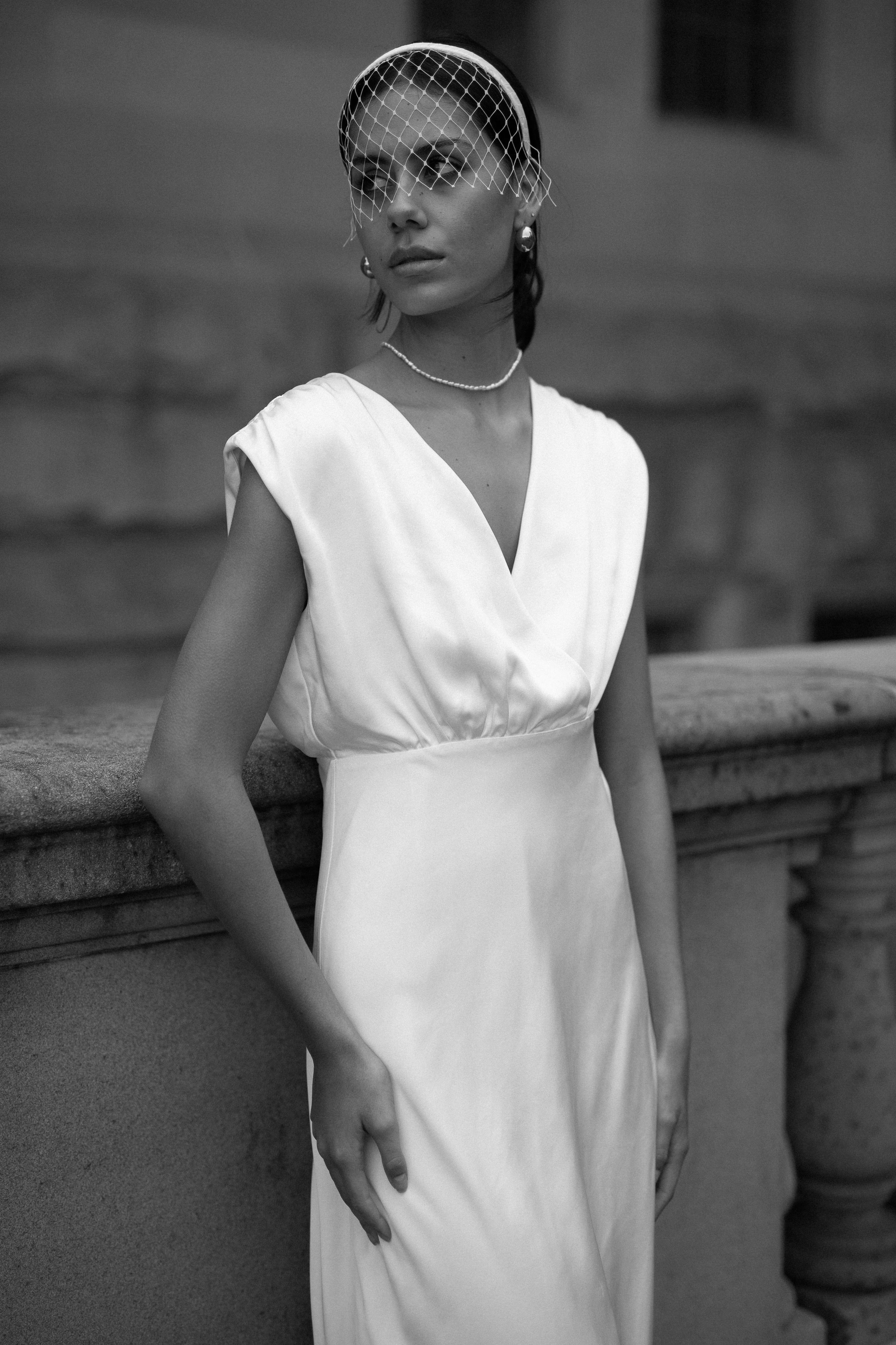 SATIN CROSS OVER GATHER DRESS | POWDER WHITE