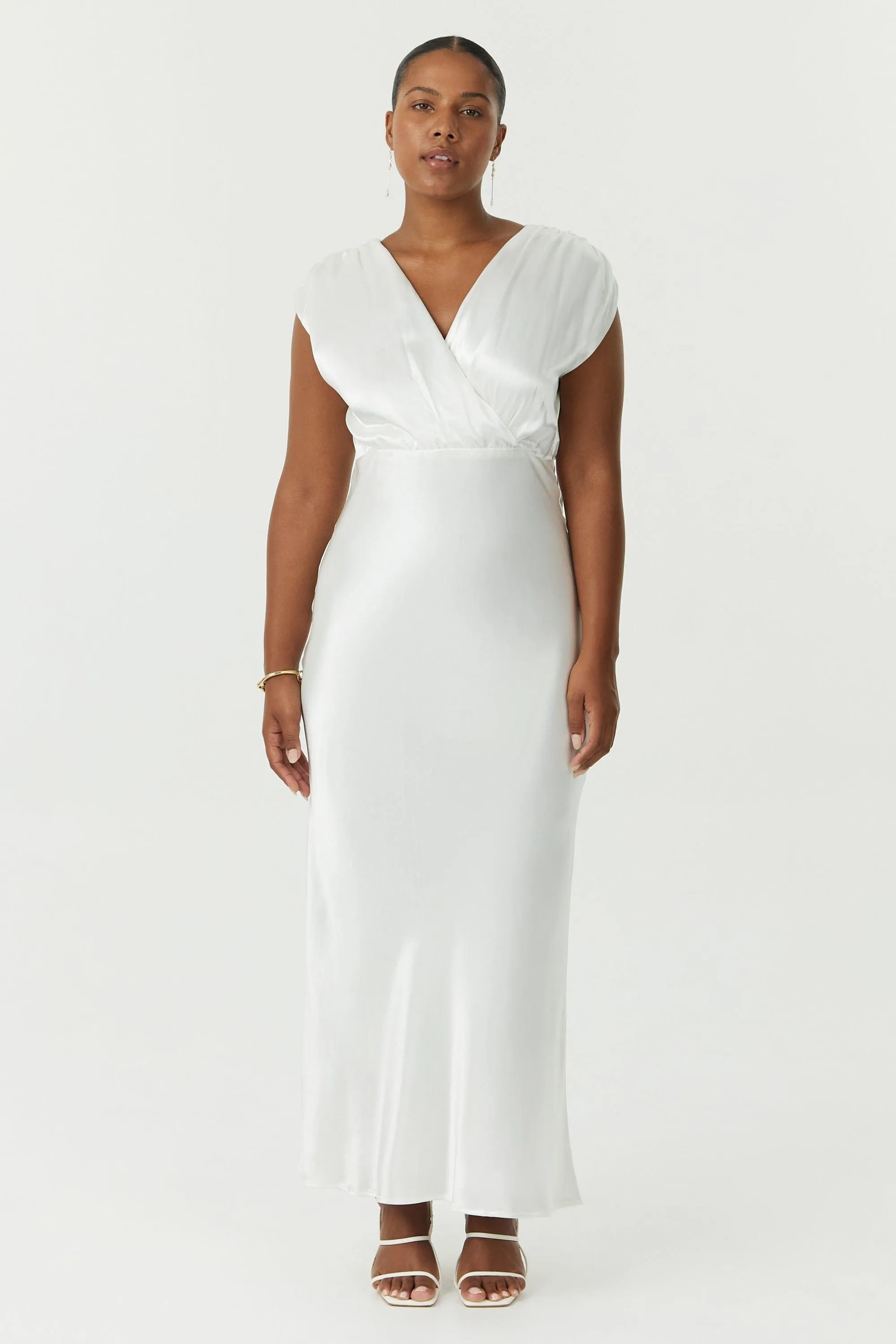 SATIN CROSS OVER GATHER DRESS | POWDER WHITE