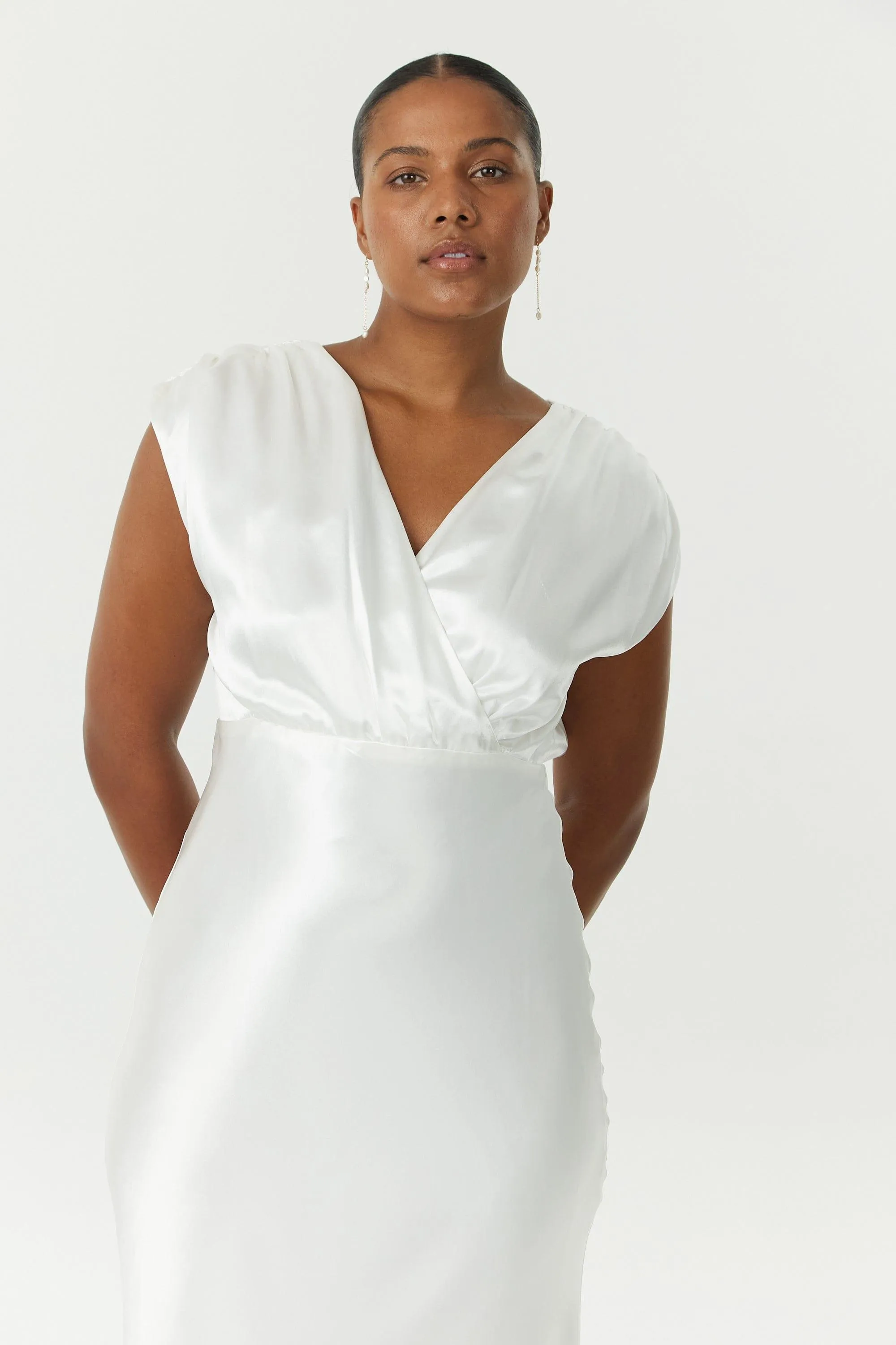 SATIN CROSS OVER GATHER DRESS | POWDER WHITE