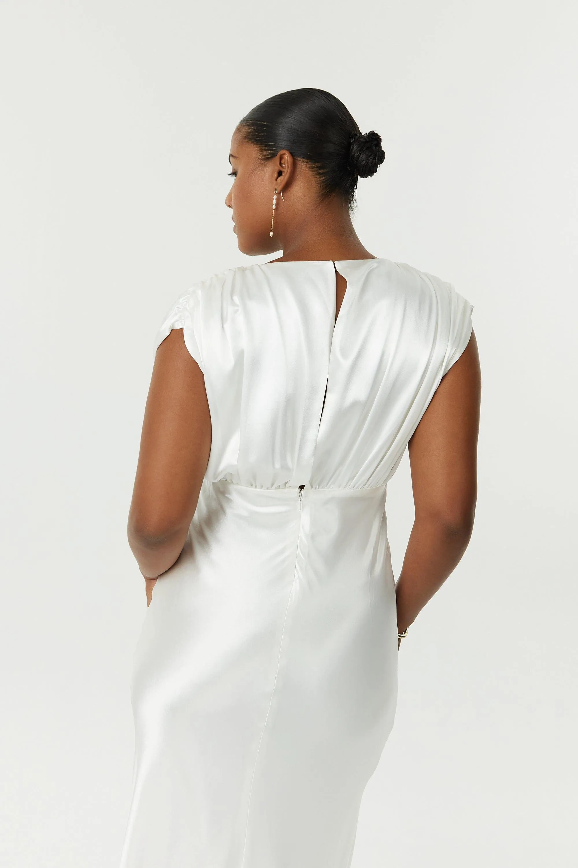 SATIN CROSS OVER GATHER DRESS | POWDER WHITE
